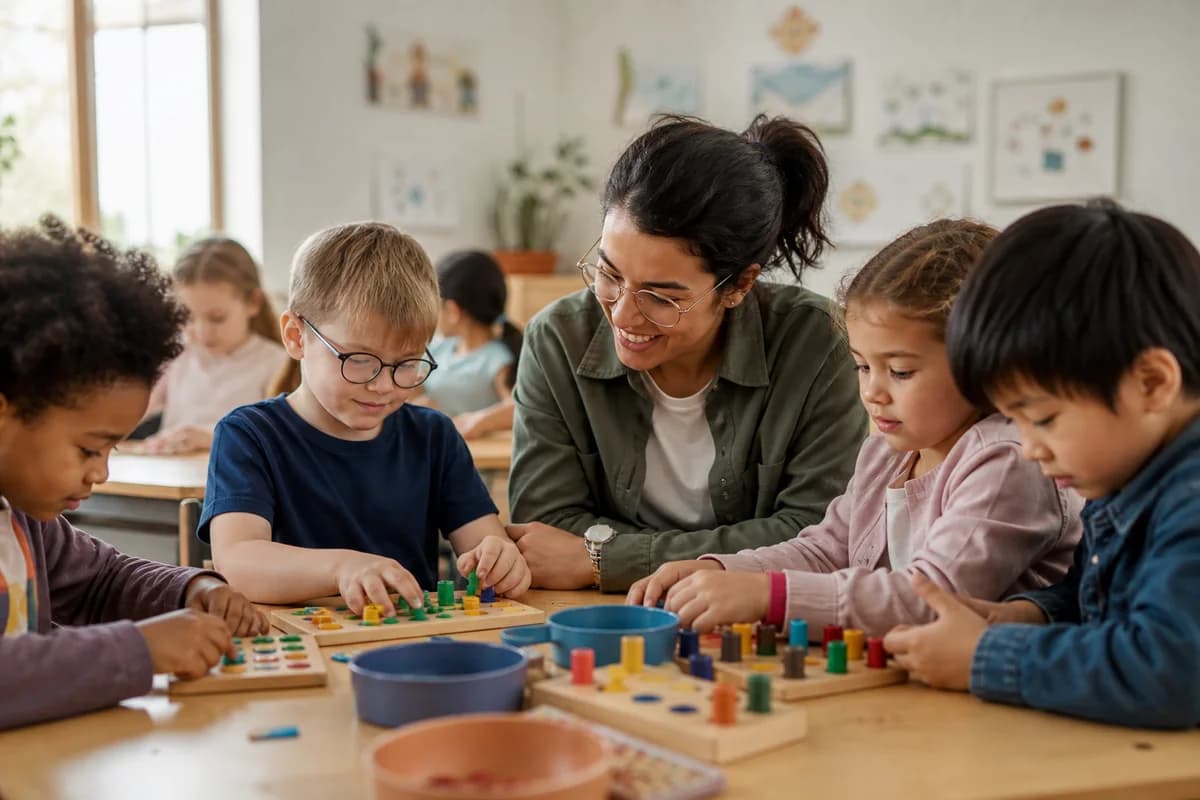Inclusive classroom where autistic and neurotypical children learn with a caring teacher