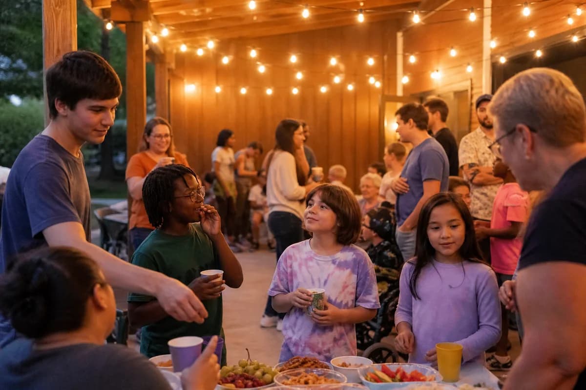 Inclusive community social gathering with autistic youth and families enjoying time together