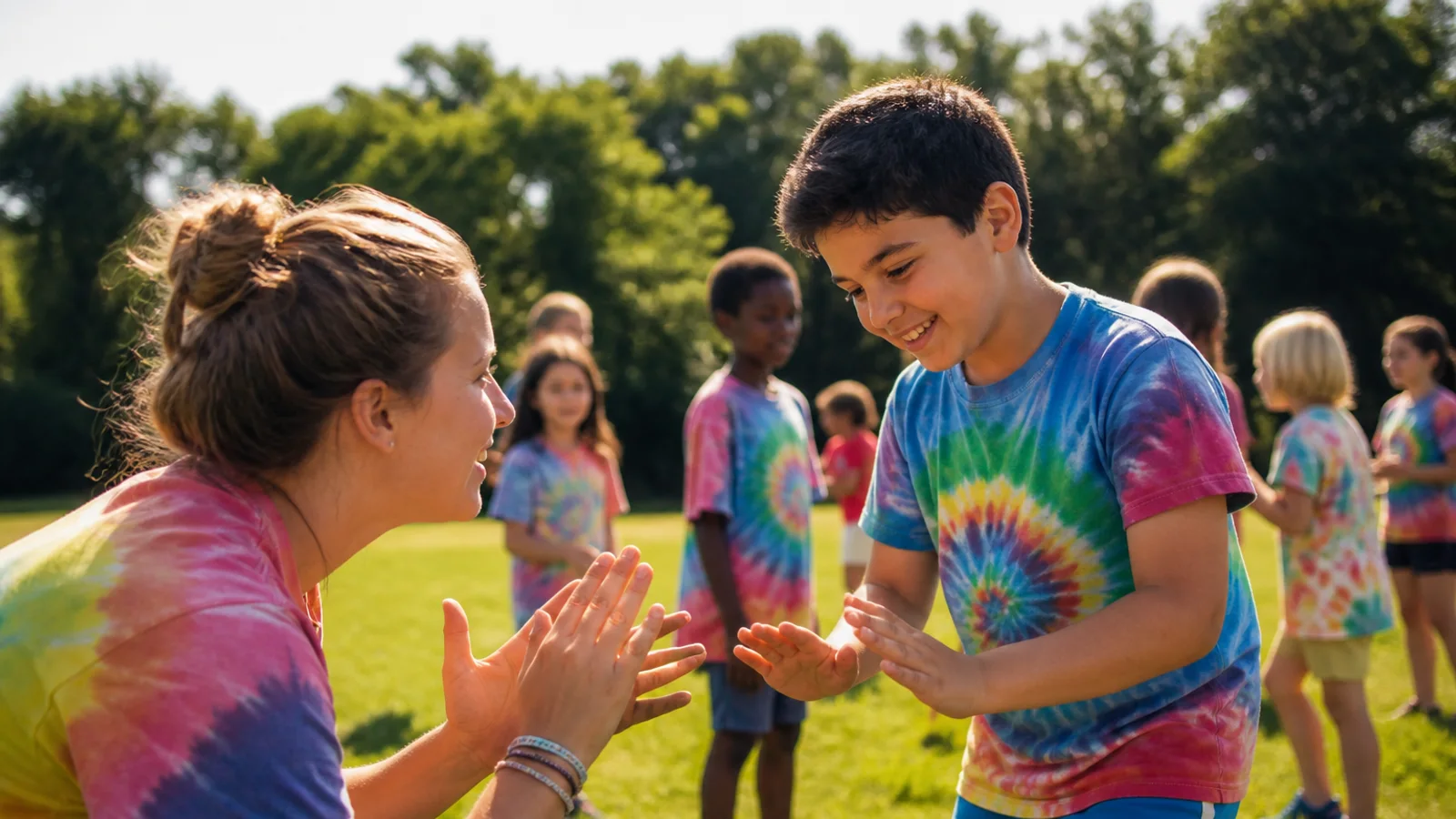 Autistic children and counselors playing outdoors at an inclusive summer day camp