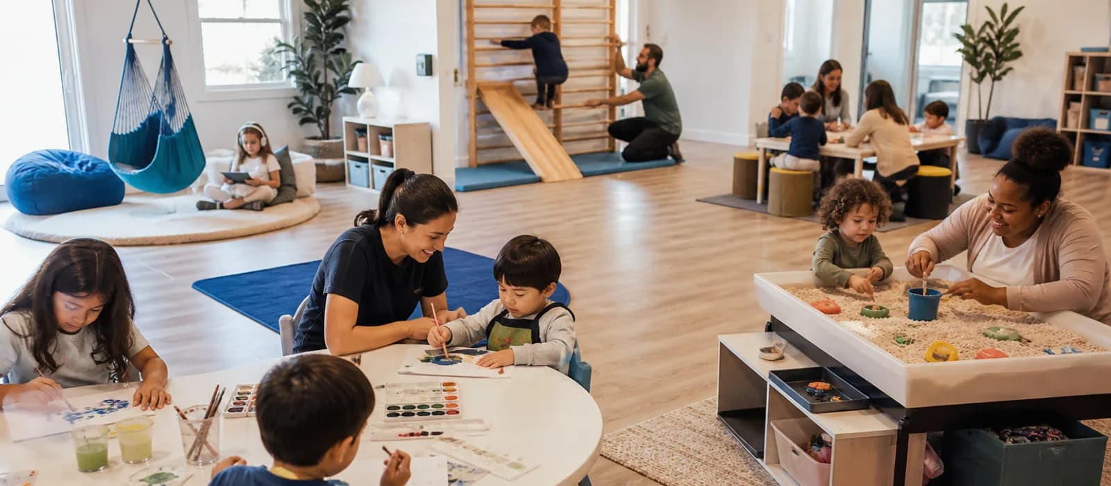 Multipurpose autism support room with calm activity stations and engaged learners