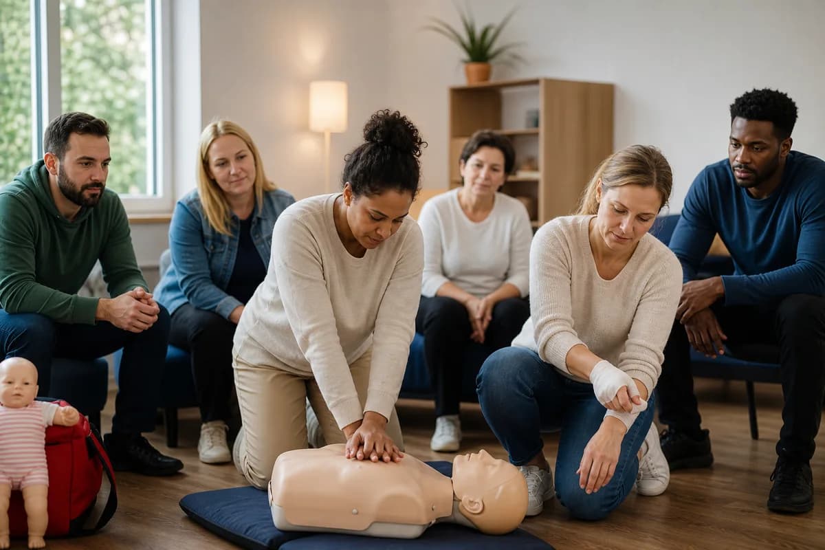 Caregivers practicing first-aid and safety skills for autism support professionals