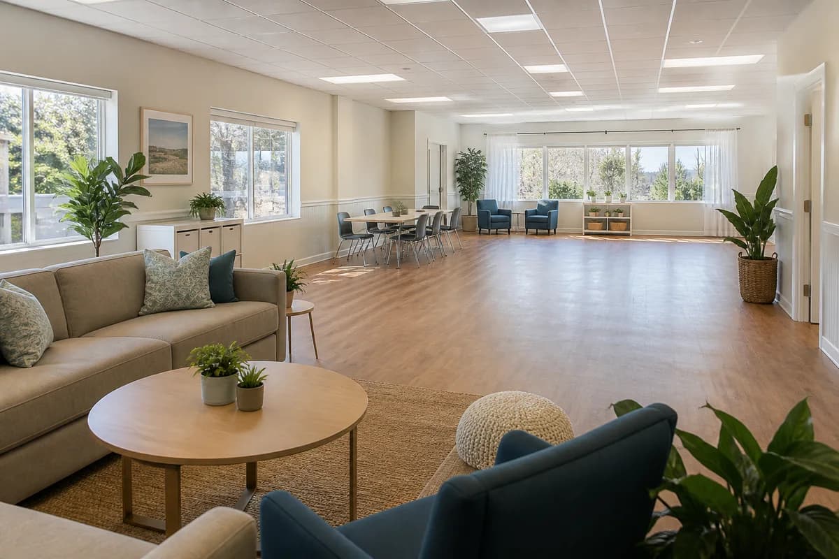 Bright multipurpose autism community center room ready for facility rental events