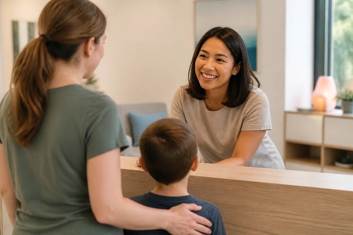 Friendly staff member welcoming a parent and child at an autism care center reception