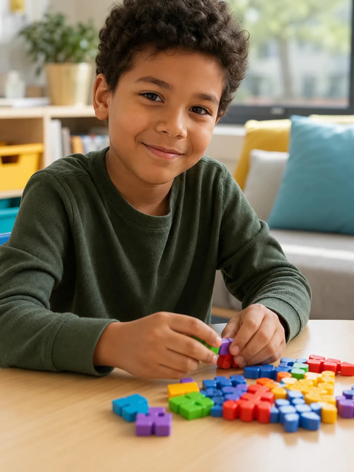 Autistic child engaged in learning play with educational materials in a bright support classroom