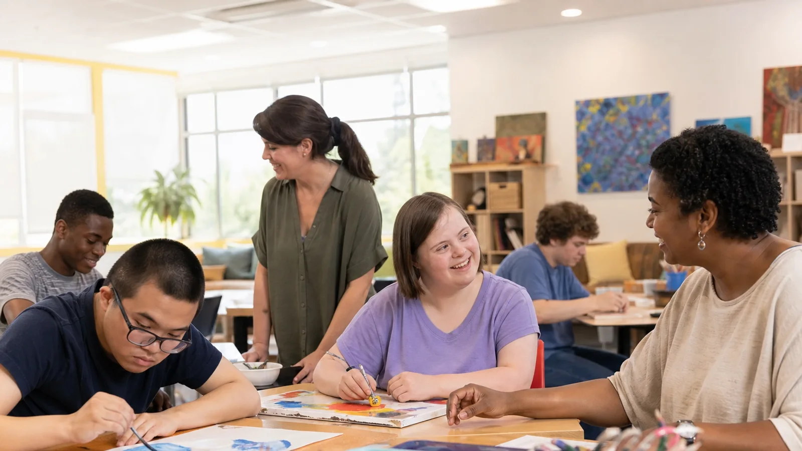 Autistic youth and supportive staff enjoying activities in a bright day-program room