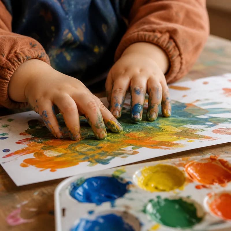 Autistic child’s hands creating colorful sensory art during a creative activity