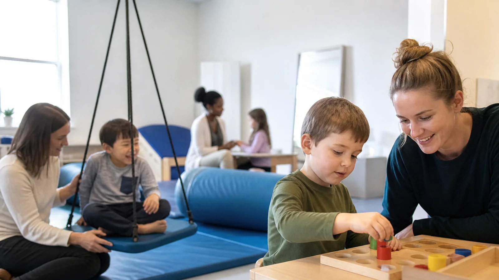 Autistic children and therapists in a bright developmental therapy suite