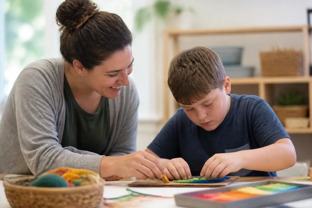 Therapist and autistic child working side by side on a hands-on learning activity