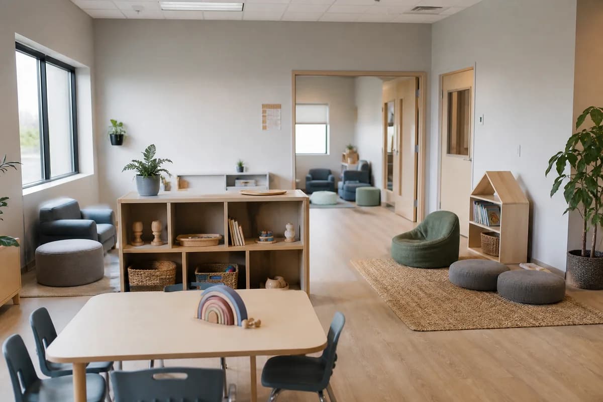 Fresh autism program classroom with soft colors and sensory-friendly furnishings