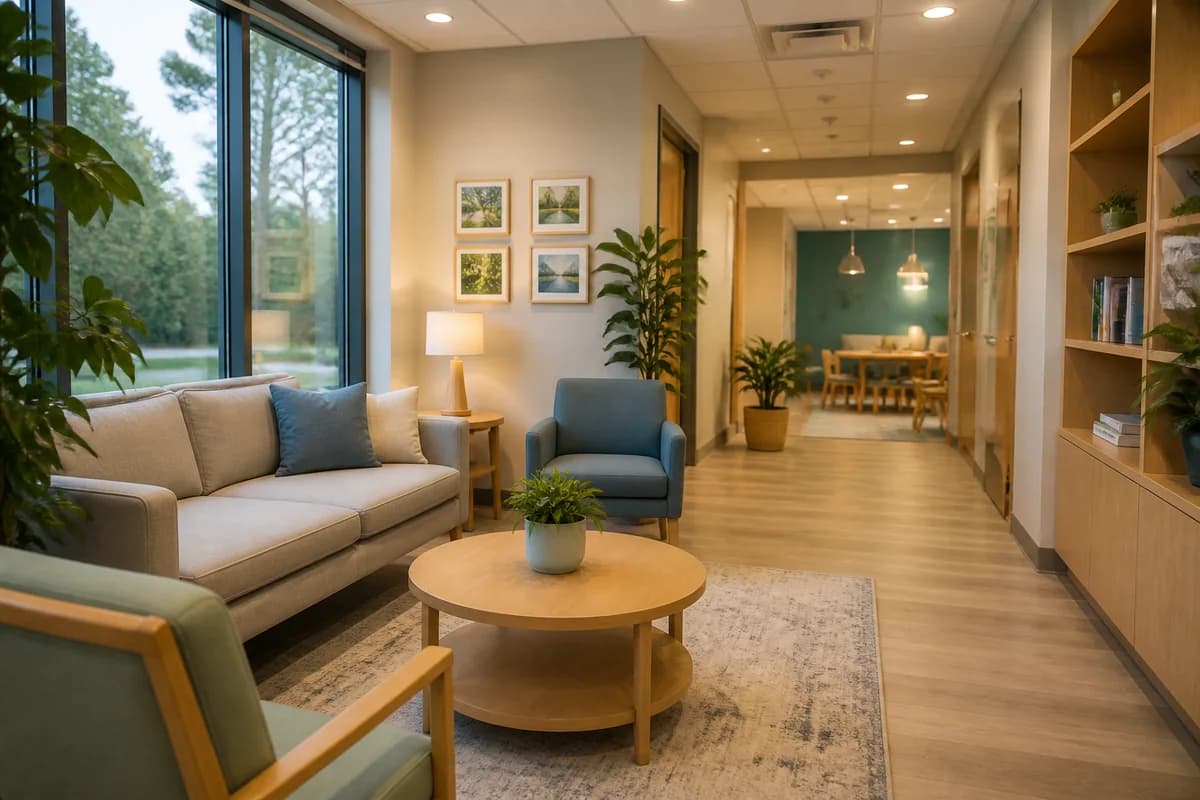 Calm modern pediatric therapy waiting area with soft greenery and reassuring design