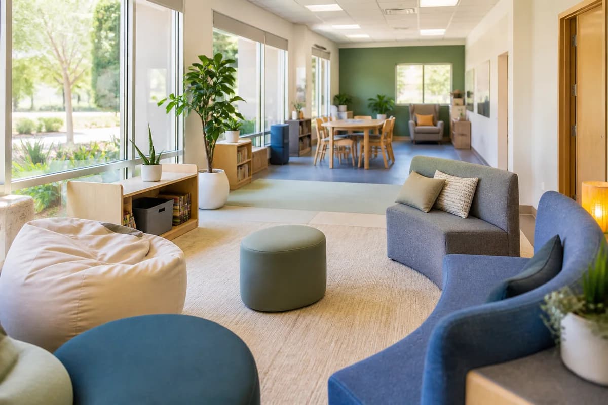 Bright welcoming autism support center activity room with soft seating and natural light