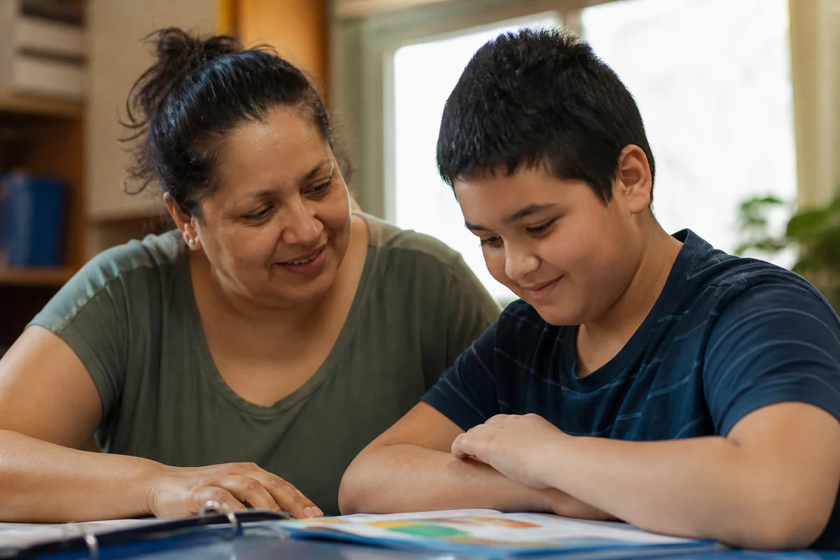 Parent and autistic child reviewing materials together in a supportive setting