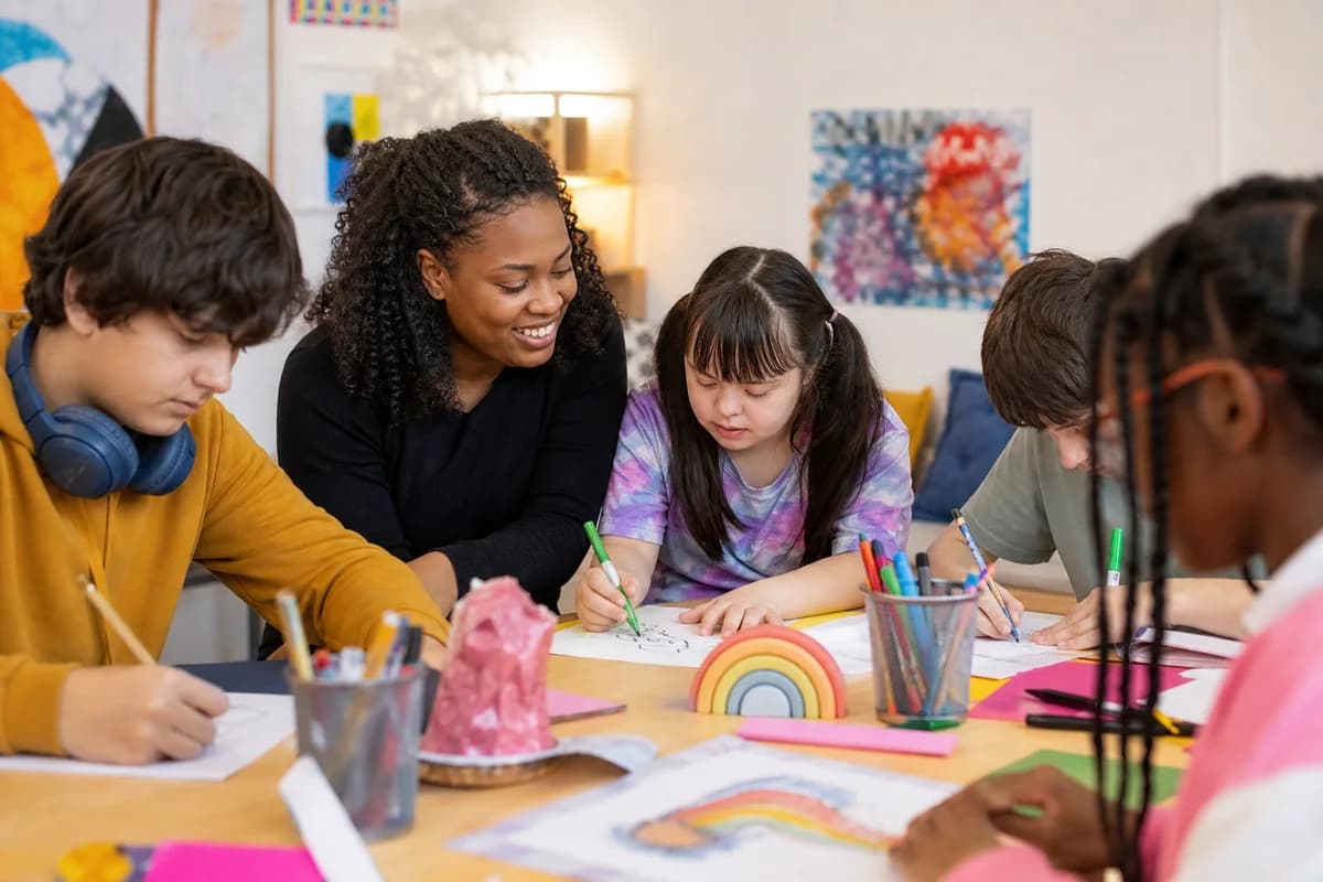 Autistic children and teens at an after-school table doing crafts with a supportive helper