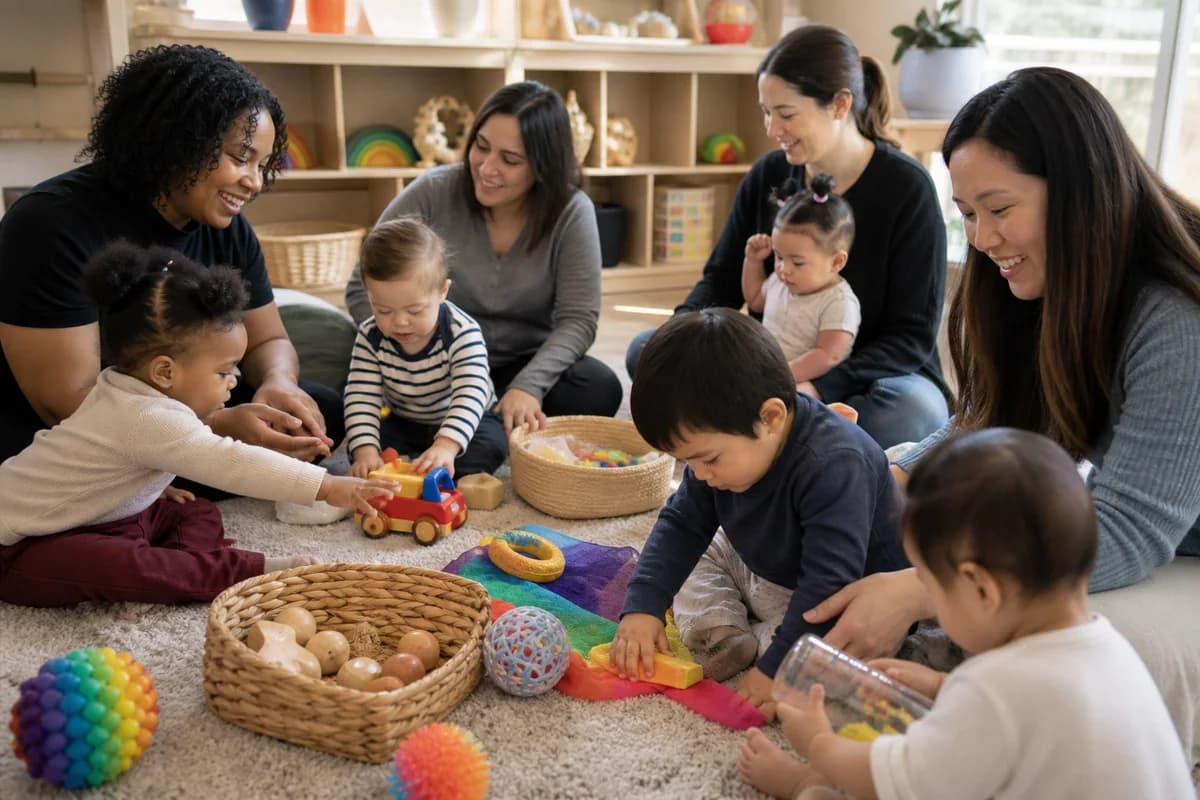 Toddlers and caregivers at a soft sensory-friendly inclusive playgroup