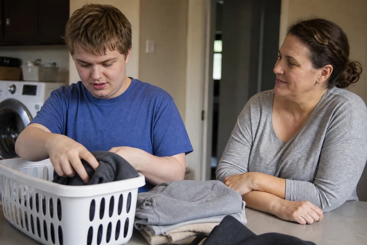 Young adult practicing independent-living skills with a patient coach nearby