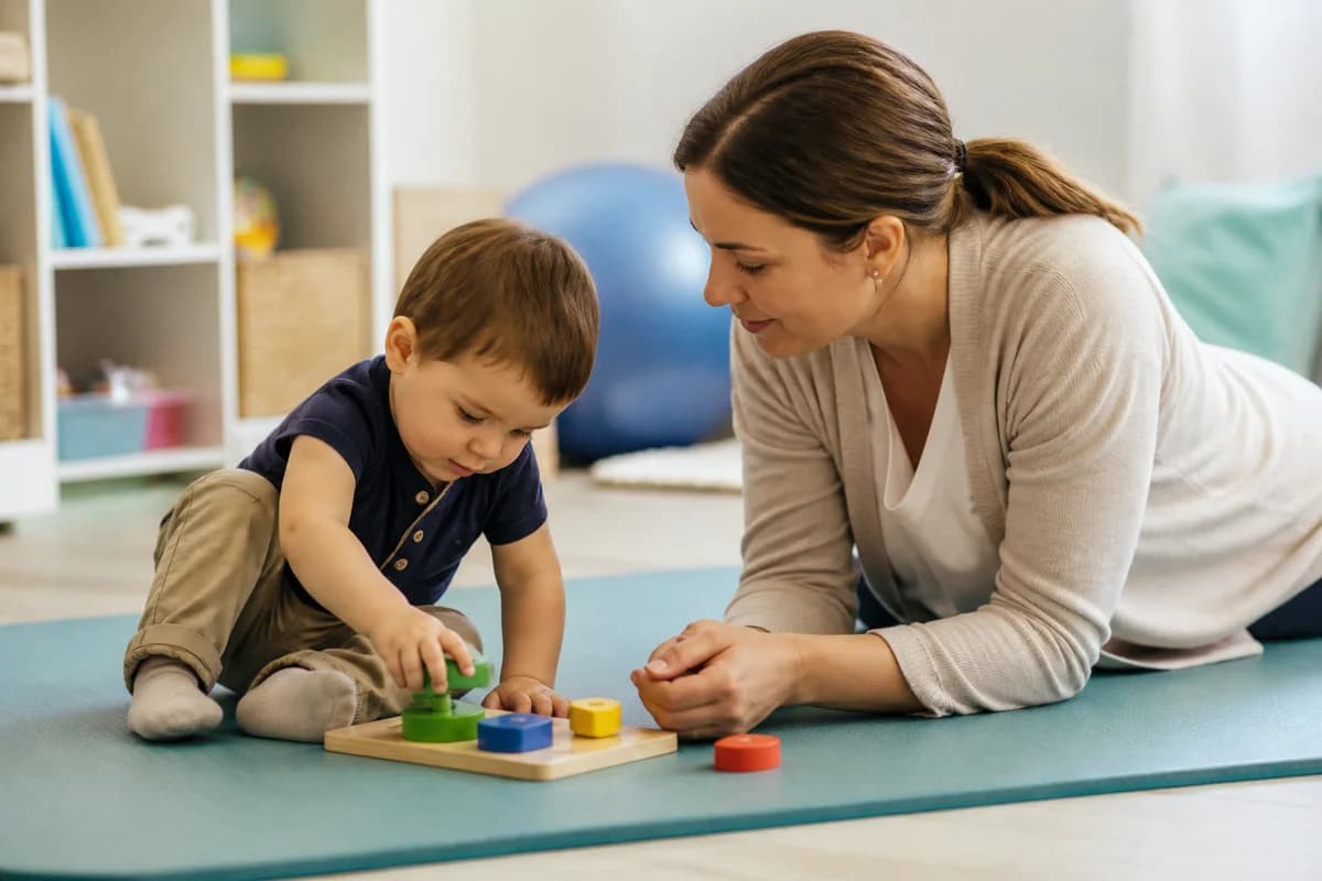 Early-intervention specialist gently engaging a young toddler with developmental play toys